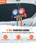 VEVOR 3-way AC manifold gauge set with blue, yellow, red hoses and dual gauges for automotive refrigerant charging