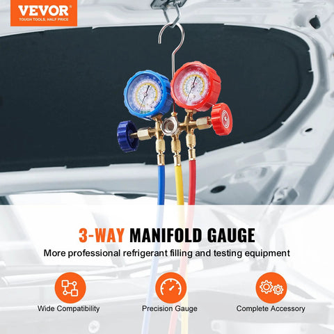 VEVOR 3-way AC manifold gauge set with blue, yellow, red hoses and dual gauges for automotive refrigerant charging