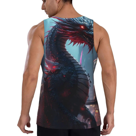 Mens Quick Dry Sleeveless Tank Top Featuring A Sick Urban Mechanical Dragon Print Lightweight Gym Vest That Beats The Heat For Fresh Workout Drip And Beach Days In Solid Black, back view.