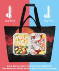 All Day Chill Insulated Cooler Tote With Leak Proof Seal Large Capacity For Shopping Picnics Beach Travel And Camping Triple Layer 600D Oxford Exterior With PEVA Liner And Thick Pearl Cotton showing dual temperature compartments for warm and fresh food.