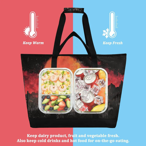 All Day Chill Insulated Cooler Tote With Leak Proof Seal Large Capacity For Shopping Picnics Beach Travel And Camping Triple Layer 600D Oxford Exterior With PEVA Liner And Thick Pearl Cotton showing dual temperature compartments for warm and fresh food.