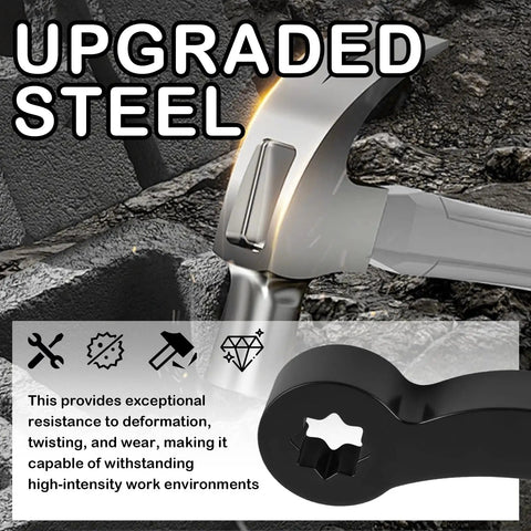 Pro Grade Multi Angle Ratchet Pry Bar Adapter Set showing upgraded steel hammer and wrench key on textured background