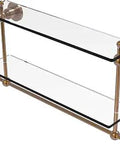 Two Tier Glass Shelf With Integrated Towel Bar 22 Inch Brushed Bronze Finish Solid Brass Construction 3/8 Inch Tempered Glass