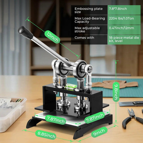 Pro Grade Leather Cutting Machine With 7.87 Inch Square Embossing Plate, Manual Die Cutter Stamping Tool displayed on a desk.