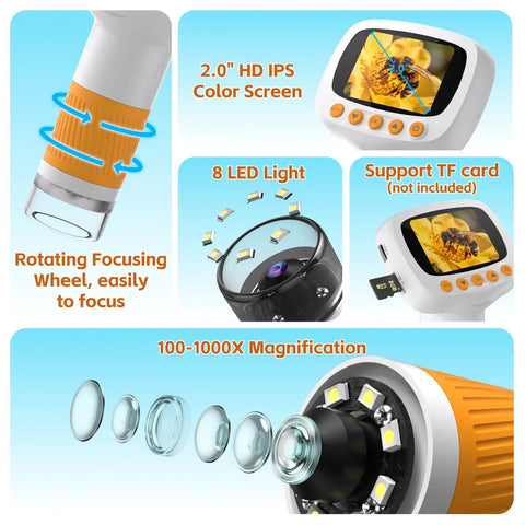Kids Microscope 3 And Up 1000X Handheld Digiscope With 2 Inch IPS Display For Awesome Photo And Video Ultra Portable Science Toy For Home School Easy Single Button Start Great Gift For Curious Young Scientists, orange focus wheel