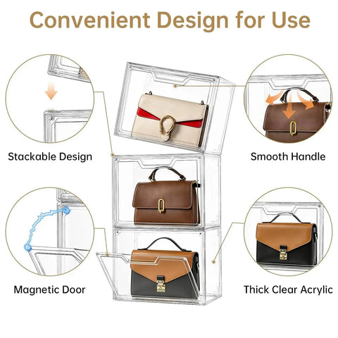 Clear Acrylic Purse Organizer Display Case For Closet With Magnetic Door See Through Handbag Storage Box 3 Pack Pro Grade