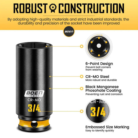 Super Tough Three Eighths Inch Drive Impact Socket Set Packing Sixty Seven Pieces Of Metric And Sae Shallow Deep And Swivel Sockets Complete With Extension Bars Adapters And Universal Joint Built From Solid Cr Mo Steel, 3/4in CR-MO socket
