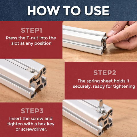 Heavy Hitter Roll In Spring T Nuts 30 Pack M6 Thread assembly steps shown on 4040 aluminum extrusion frame.
