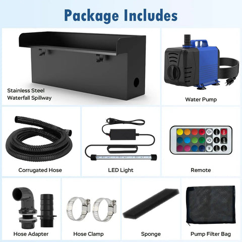 Components of Pond Waterfall Spillway Kit With 8 Inch Stainless Steel Spillway Remote Control LED Lights 660GPH Submersible Pump