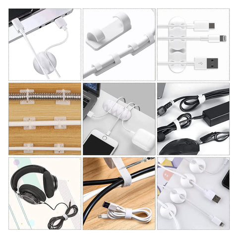 White Cable Management Organizer Kit For Desk TV And PC No More Cord Chaos Under Desk Tidy Your Cords With 2 Sleeve Protectors 100 Cable Ties 10 Reusable Ties 25 Adhesive Cord Clips And A 5m Cable Tie Roll with various cable management tools in use, including ties and clips, demonstrating organized cables and cords, used under desks and around electronics.