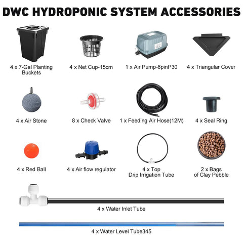 Components of Four Buckets DWC Hydroponics Growing System With Top Drip Kit Seven Gallon Deep Water Culture Buckets
