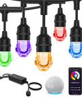 Smart Outdoor String Lights 32ft RGBW Patio LED with 12 Shatterproof Bulbs, WiFi and Alexa Controlled, showing bulbs and app