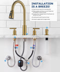 Installation guide for WOWOW 2 Handle Kitchen Faucet 4 Hole with Sprayer and Soap Dispenser showing connections and components.