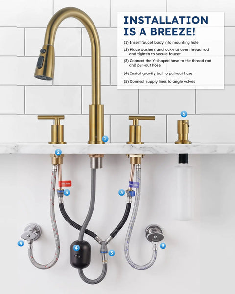 Installation guide for WOWOW 2 Handle Kitchen Faucet 4 Hole with Sprayer and Soap Dispenser showing connections and components.