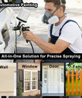 Man using Heavy Duty HVLP Spray Gun Kit With Dual Cups And Precision Brass Nozzles Designed For Car Painting And Wood Finishing.