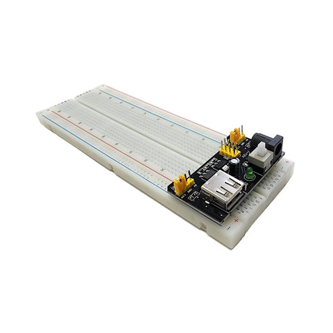 Two Pack Breadboard Power Supply Modules With 3.3V Or 5V Selectable Output For Solderless Breadboards Ideal For Arduino ESP32 ESP8266 Raspberry Pi And DIY Electronics Projects shown installed on a white breadboard.