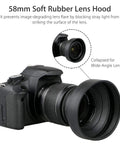 58mm tulip lens hood with UV filter on Canon DSLR, showing flare reduction and protection feature, ideal for Rebel T8i, T7 series.