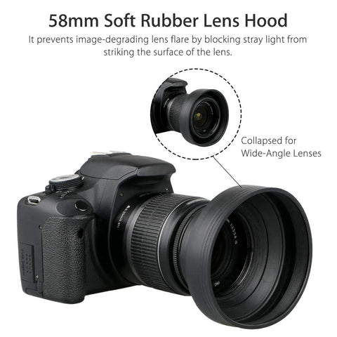 58mm tulip lens hood with UV filter on Canon DSLR, showing flare reduction and protection feature, ideal for Rebel T8i, T7 series.
