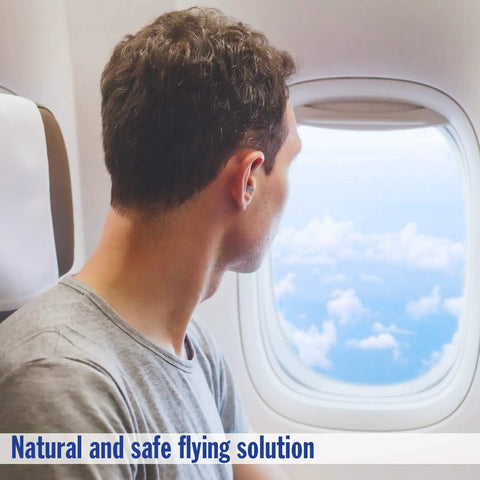 Passenger looks out plane window promoting Airplane Pressure Relief Earplugs With 26dB NRR And 33dB SNR For Flying Pain Free Ears