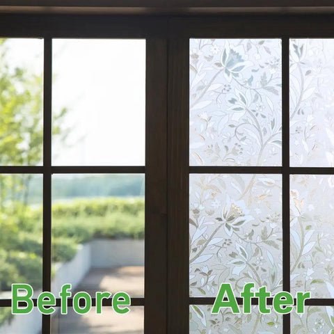 Privacy Window Film With Quick Install Tools Floral 3D Frosted Glass Cling contrasting glass panels, before-and-after view.