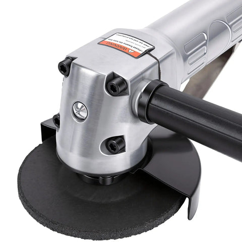 Close-up of Heavy Duty Pneumatic Angle Grinder Four Inch Generating Kickass Eleven Thousand Rpm Torque for precise metal cutting.
