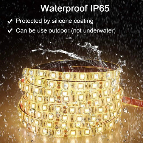 Red LED Light Strip 32.8Ft Waterproof IP65 12V 600 LEDs 5050 SMD On Black PCB shown with water droplets