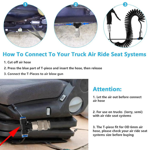Guide on connecting Truck Air Duster Gun With Five Meter Recoil Hose For Cab To Sleeper Seat Cleaning, showing steps and product details.