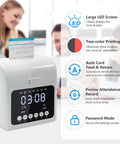 Foolproof Plug And Play Time Clock With Secure Passcode Lock For Small Business Featuring Auto Align Punch Machine Plus Fifty Ready To Go Cards And Zero Hassle Ink Ribbon For Stress Free Payroll with LED screen and auto card feed.