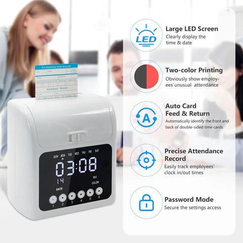 Foolproof Plug And Play Time Clock With Secure Passcode Lock For Small Business Featuring Auto Align Punch Machine Plus Fifty Ready To Go Cards And Zero Hassle Ink Ribbon For Stress Free Payroll with LED screen and auto card feed.