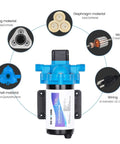 Diagram of 33-Series Industrial Water Pressure Pump 115V 3.3 GPM 45 PSI Diaphragm Pump with materials and components labeled