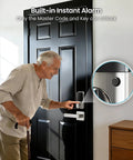 Senior man using Smart Deadbolt Lock With Dual Lever Handles And Smartphone App Keyless Entry Door Lock with alarm feature.