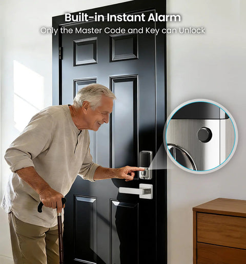 Senior man using Smart Deadbolt Lock With Dual Lever Handles And Smartphone App Keyless Entry Door Lock with alarm feature.