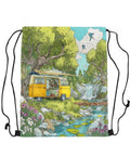 Water Resistant Drawstring Backpack For Camping And Travel With Watercolor Flower Landscape Print, Lightweight 7 Ounce Sackpack, 13 By 16 Inches, Gym Bag For Hiking And RV Trips featuring a camper scene