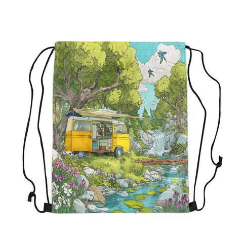 Water Resistant Drawstring Backpack For Camping And Travel With Watercolor Flower Landscape Print, Lightweight 7 Ounce Sackpack, 13 By 16 Inches, Gym Bag For Hiking And RV Trips featuring a camper scene