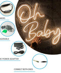 Dimmable LED Neon Sign With Transparent Acrylic Backplate, text 'Oh Baby', warm white glow, power adapter, dimmer, accessories