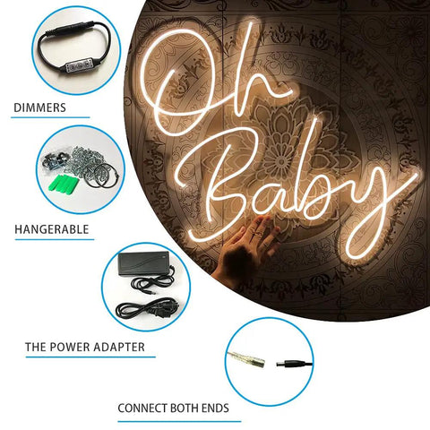 Dimmable LED Neon Sign With Transparent Acrylic Backplate, text 'Oh Baby', warm white glow, power adapter, dimmer, accessories