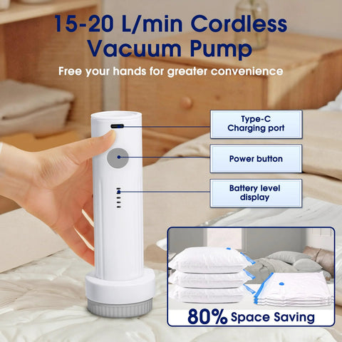 Eunhdet cordless vacuum pump for storage bags, white body with gray base, handheld sealer for clothes and bedding.