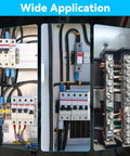 Wide application of electrical components with thick wires, showcasing circuit breakers and connection terminals in use.