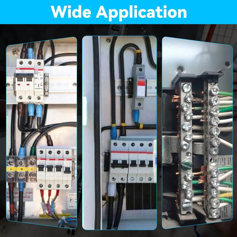Wide application of electrical components with thick wires, showcasing circuit breakers and connection terminals in use.