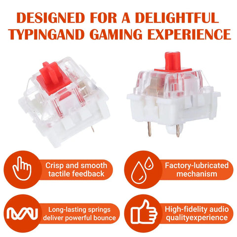 30 Pcs Red Mechanical Keyboard Switches With Clip, 3 Pin, Clicky Tactile Feel, Dustproof And Durable For Office And Gaming LED Keyboards, Universal Replacement Parts For Smooth Typing And Fast Response, showcased with benefits.