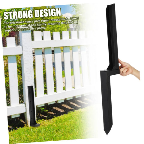 Heavy Duty Fence Post Repair Kit 2 Pack Thickened Metal Fence Anchors for Metal and Wood Posts shown next to fence