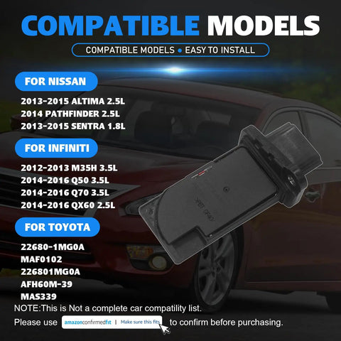 Nissan Mass Air Flow MAF Sensor Direct Fit Drop-In For Altima 2.5L 2013-2015, Sentra 1.8L 2013-2015, Infiniti models; image showing sensor and compatibility list