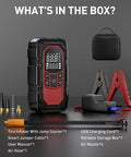 Grab-And-Go All-In-One Jump Starter With Air Compressor And Tire Inflator set, including cables, air hose, USB cord, and storage box