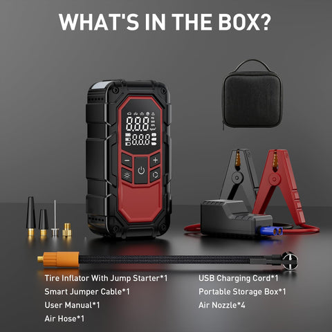 Grab-And-Go All-In-One Jump Starter With Air Compressor And Tire Inflator set, including cables, air hose, USB cord, and storage box