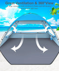 Tons Of Room Beach Shade Tent For 3 To 10 People With UPF 50 Plus UV Protection, showcasing ventilation, on a beach.