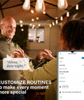 Couple in outdoor setting with phone showing smart home routine, "Alexa, date night," using Zigbee Smart Edison Bulbs 6 Pack Hub Required For SmartThings And Echo Built In Hub Compatible Voice Control With Alexa And Google Home Amber Warm 2000K LED E26 60W Equivalent