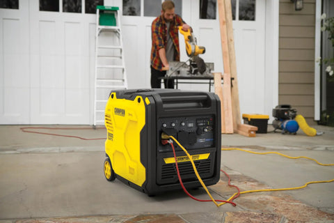 6500-Watt RV Ready Portable Inverter Generator With Quiet Technology and Long Run Time beside a person using power tools