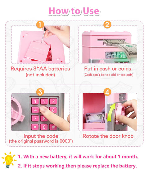 Electronic Piggy Bank For Girls With 4 Digit Password Lock ATM Style Money Safe For Kids usage instructions
