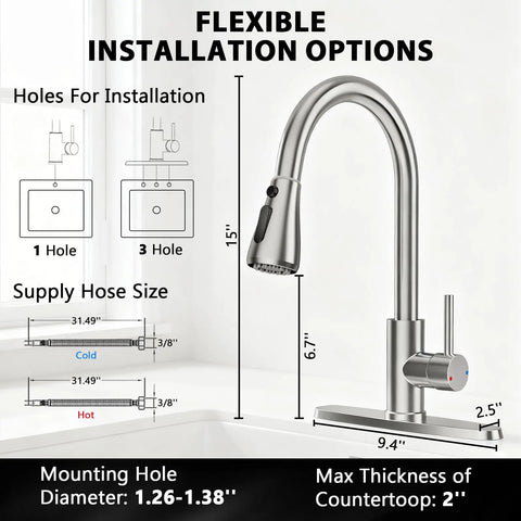 Top Shelf Brushed Nickel Kitchen Faucet With Pull Down Sprayer And Three Spray Modes Built From Solid Stainless Steel for installation dimensions.