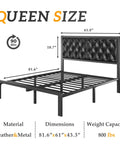 Modern Queen Bed Frame With Upholstered Diamond Tufted Headboard And Rock Solid Metal Slats For Dead Quiet Rest Spacious Under Bed Storage No Box Spring Needed Fast Clip Setup Black, dimensions and weight capacity displayed.